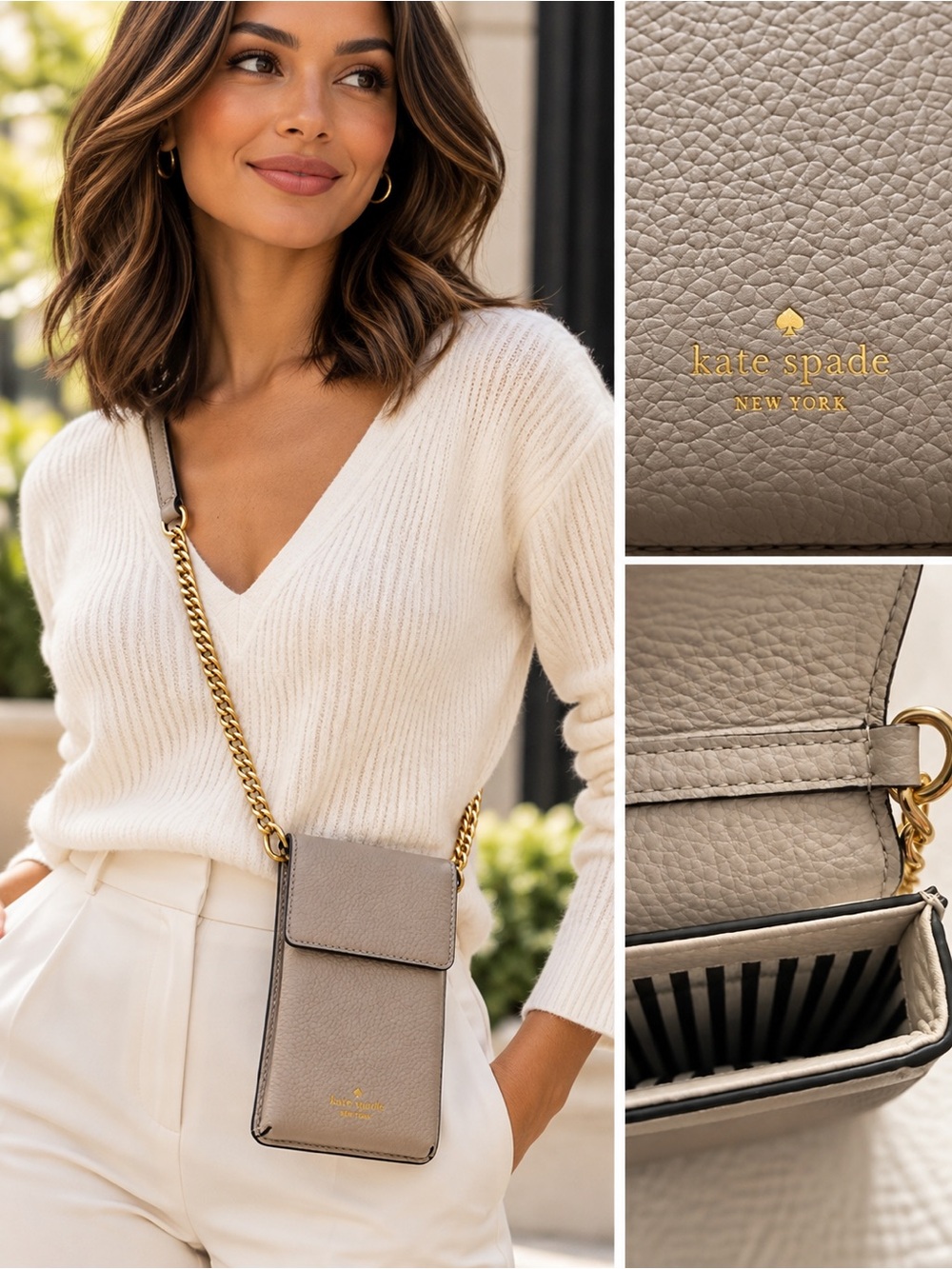 kate spade Small Pebbled Leather Crossbody Phone Bag in Taupe with Gold Chain